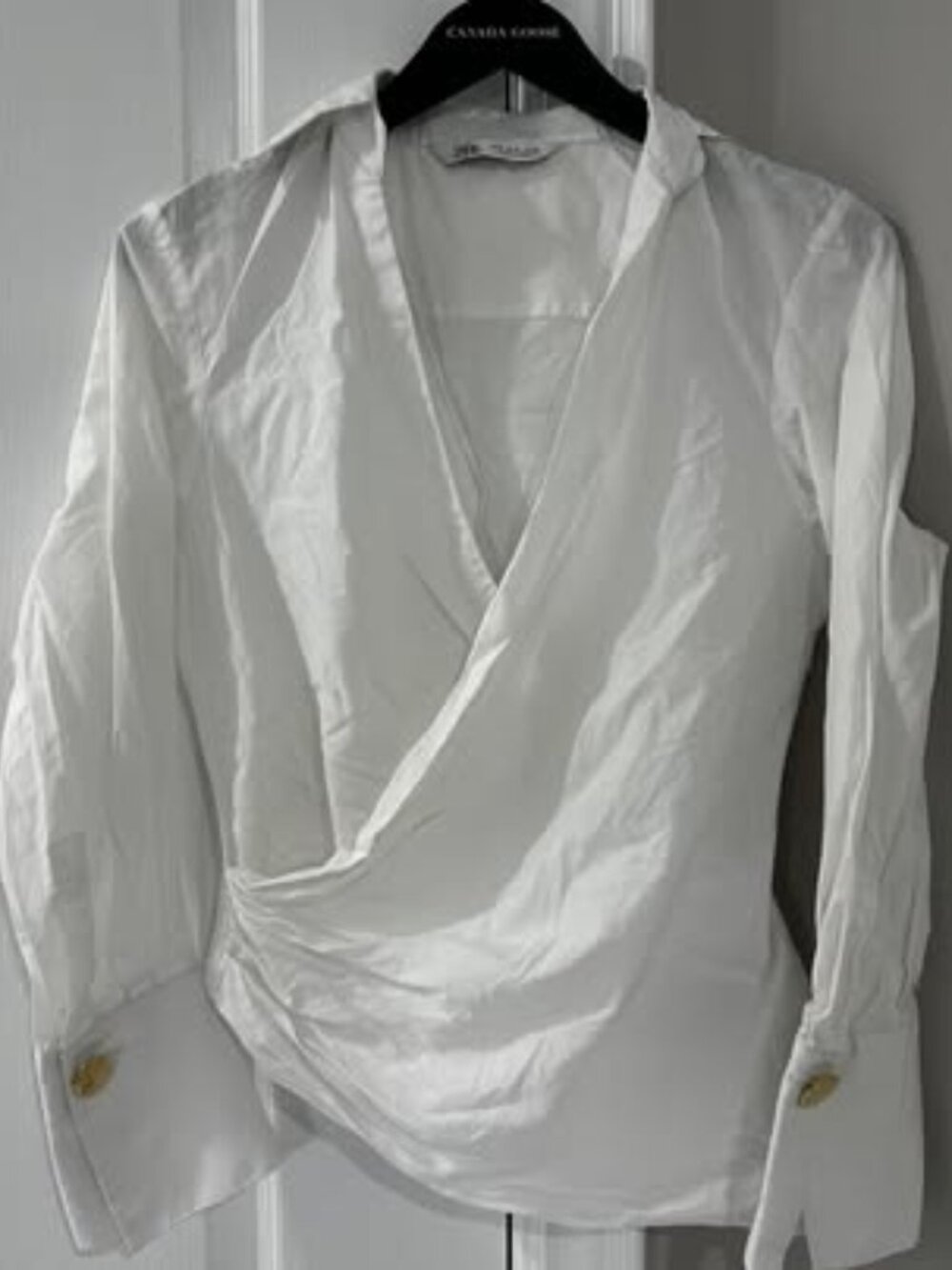 Zara White Wrap Blouse with Gold-Tone Buttons - Size S